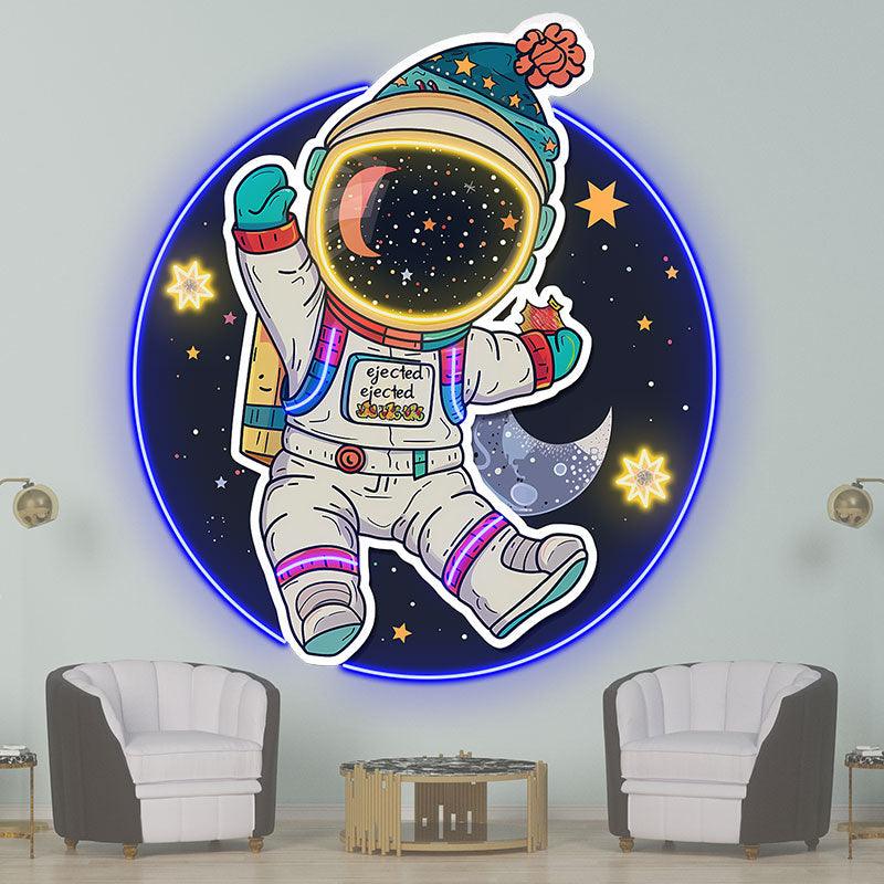 Colorful Christmas spacesuits: a holiday miracle for astronauts swimming in space neon signs
