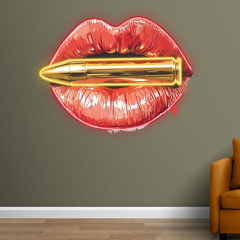Bold Red Lips LED Neon Sign - Lip Close-Up with Bullet - Perfect for Edgy Home Decor & Unique Gifts