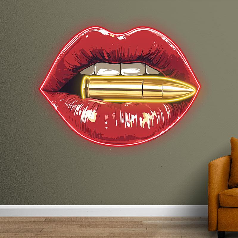 Bold Red Lips LED Neon Sign - Lip Close-Up with Bullet - Perfect for Edgy Home Decor & Unique Gifts