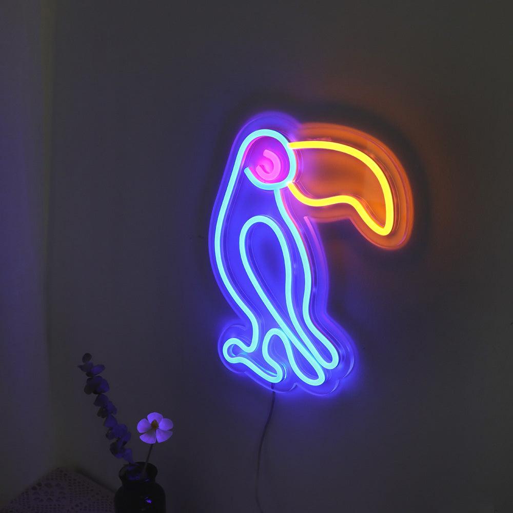 blue lighting parrot neon sign, birds led neon board signage