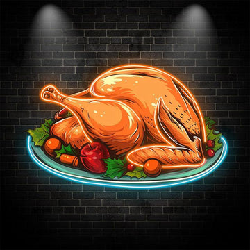 Bountiful Thanksgiving: golden turkey served on a platter for a delicious feast neon signs