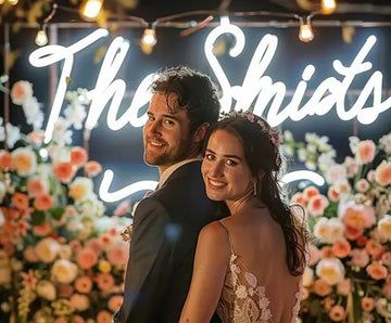 Personalized wedding neon sign displayed as event backdrop decor