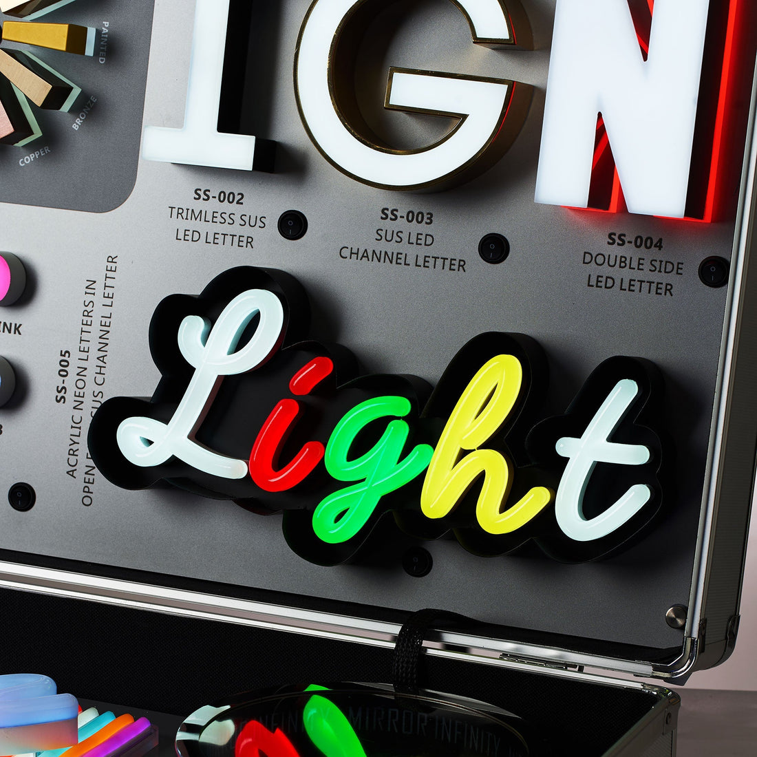 Custom sample box led illuminated business sample kit metal channel letters acrylic neon signs for sale