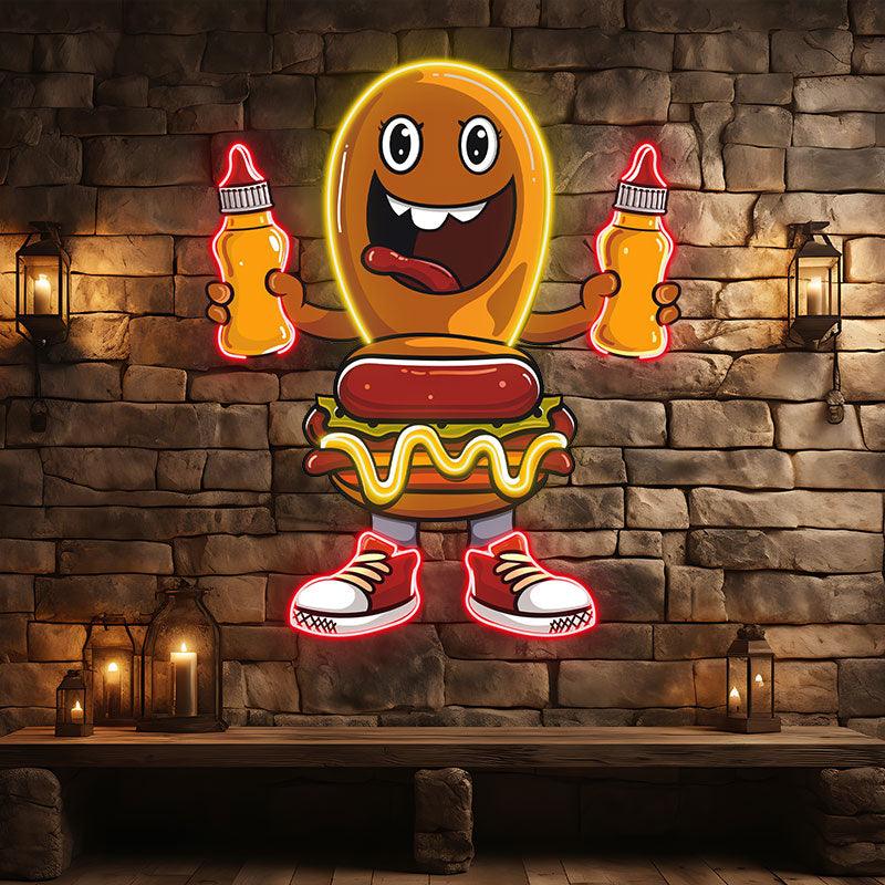 Colorful neon sign featuring cartoon burger and hot dog characters on shoes, perfect for fun fashion or themed decor.