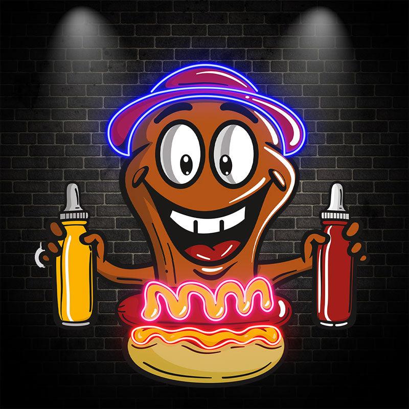 Hot Dog Buddy:neon signs Happy and ready for a burger, a tasty combination of ketchup and salsa!