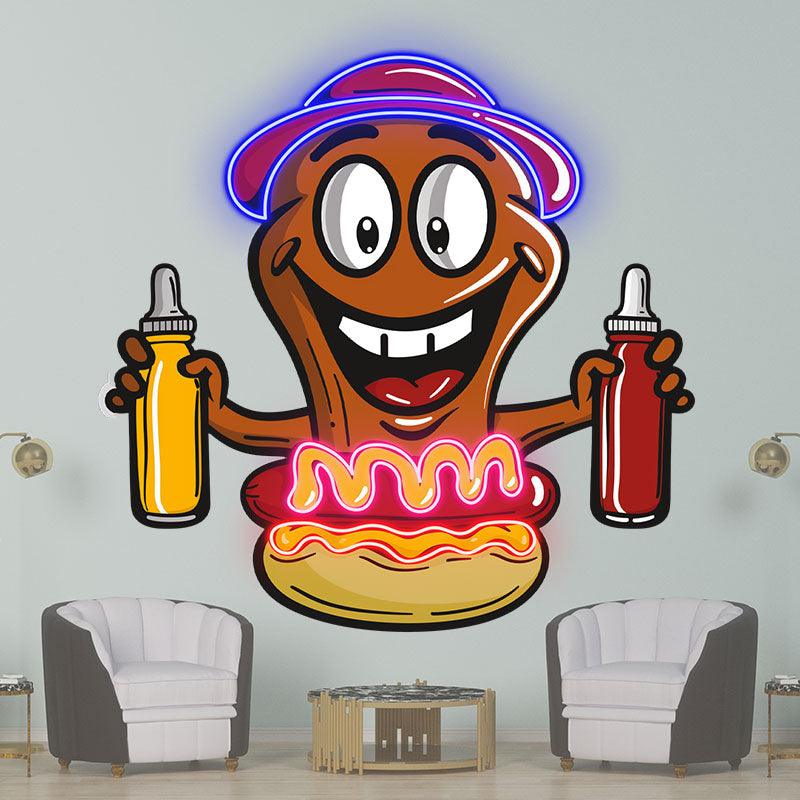 Hot Dog Buddy:neon signs Happy and ready for a burger, a tasty combination of ketchup and salsa!