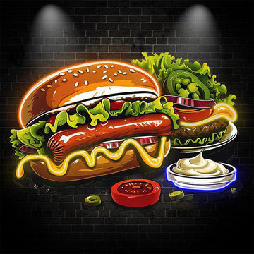 Bountiful Burger Feast - Hot dogs and fresh veggies are perfectly paired with juicy steaks for a delicious neon treat! neon signs