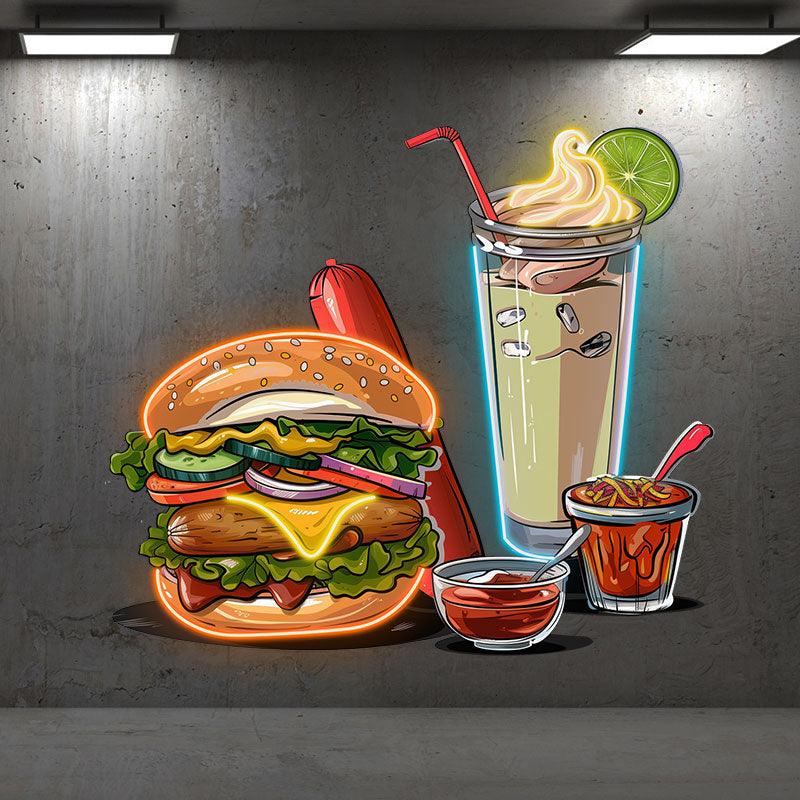 Toysign neon signs featuring hamburger, hot dog, ice cream, and drink LED lights for restaurant, kitchen, or party decoration.
