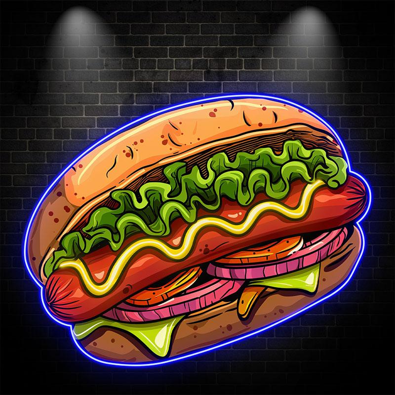 Toysign neon signs featuring hamburger, hot dog, vegetable, and steak LED lights for restaurant, kitchen, or party decor.