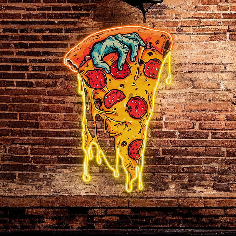 Neon pizza sign with quirky hands, Juicy Delicious Pizza design, ideal for restaurant or kitchen decor by Toysign.