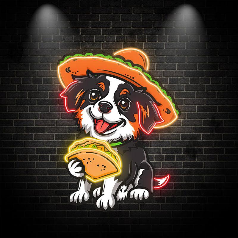 Cute puppy neon sign by Toysign featuring a puppy wearing a hat and holding pizza, ideal for fun home decor and parties.