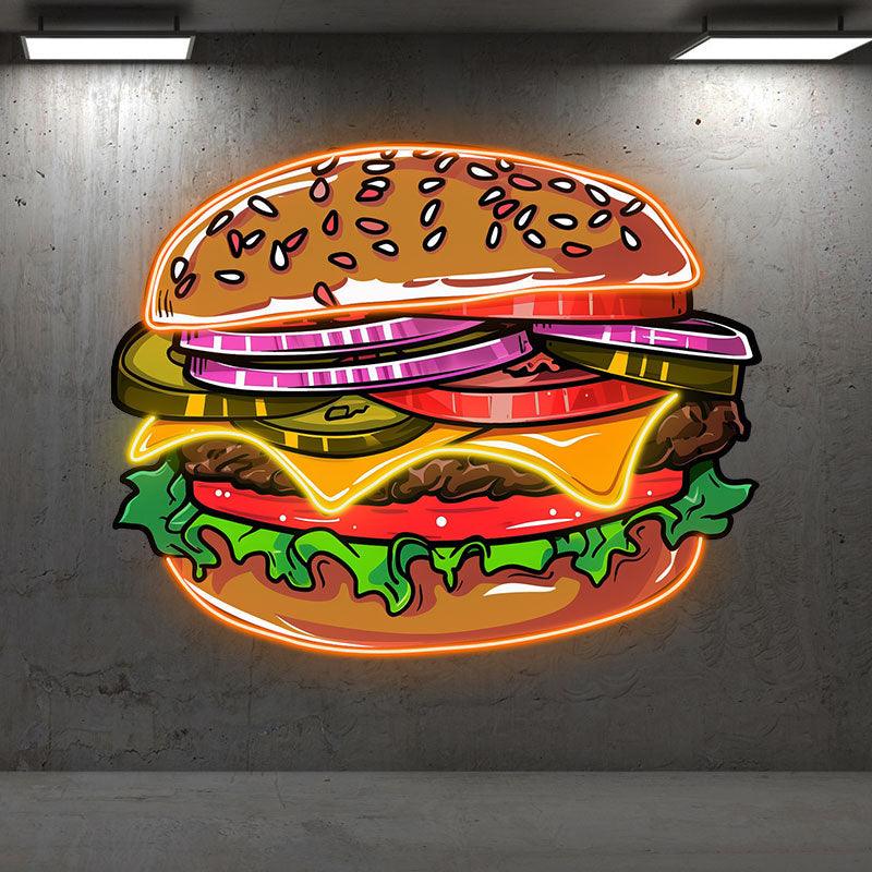 Toysign Tasty Burger Neon Sign LED light with veggies, meat, and sesame seed design for home decor and party ambiance.