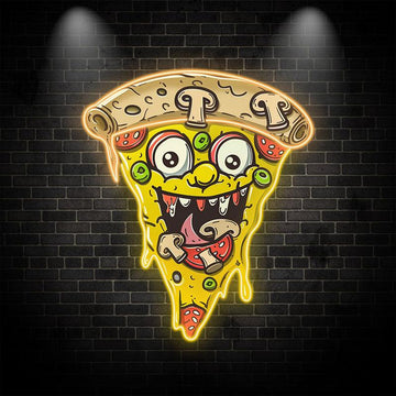 Wacky Smiley Pizza Neon signs Lights - LED light fixtures with open mouth laughing, sprinkled with fresh veggies and salad, creative home decor, perfect party atmosphere!