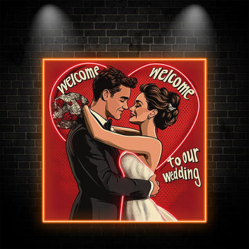 Square Photo Frame Neon signs| Bride and Groom Happy Hugs | Red Big Love Background | LED Wedding Decoration Lights