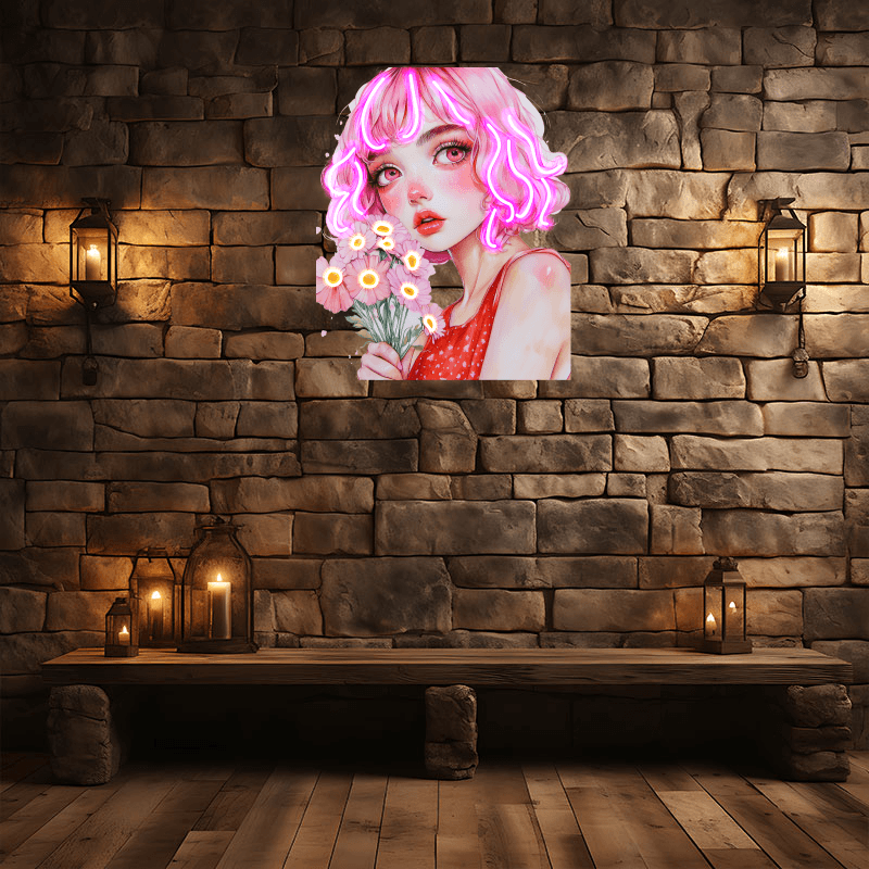 European and American cartoon beauties neon signs - red dress with hair, handheld pink floral decoration - LED light art decorations