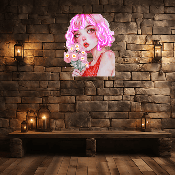 European and American cartoon beauties neon signs - red dress with hair, handheld pink floral decoration - LED light art decorations