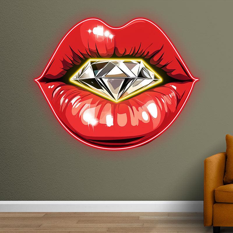 Glamorous Red Lips LED Neon Sign - Stunning Lip Close-Up with Sparkling Diamond - Perfect for Beauty Salons & Chic Decor