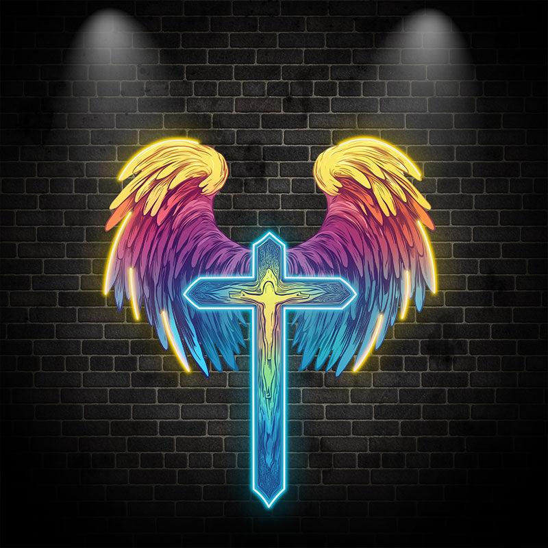 Spread Wings Cross Neon signs| Reddish Yellow Feather Decoration | LED Art Lighting