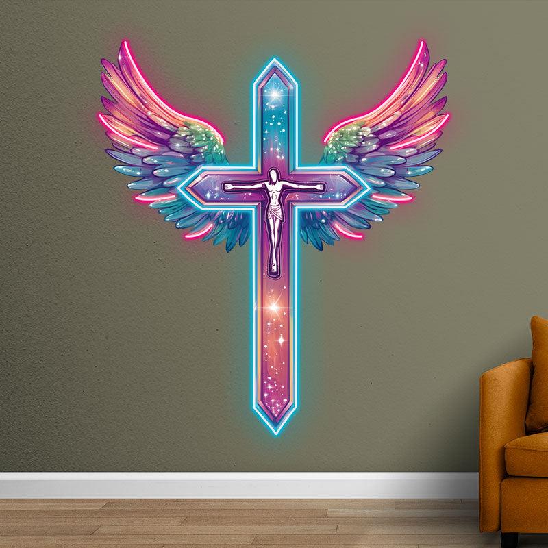 Red and Purple Feathered Wings Cross Neon signs | LED Art Lighting | Unique Decorations