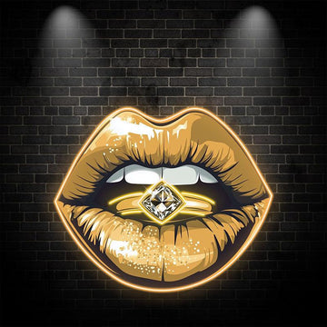 Glamorous Lip Close-Up LED Neon Sign - Sparkling Yellow Lipstick with Diamond Ring - Perfect for Beauty Salons & Home Decor