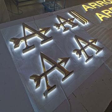 Wholesale factory supplies halo lit acrylic LED letters mirror finish golden stainless steel beveled face letter logo