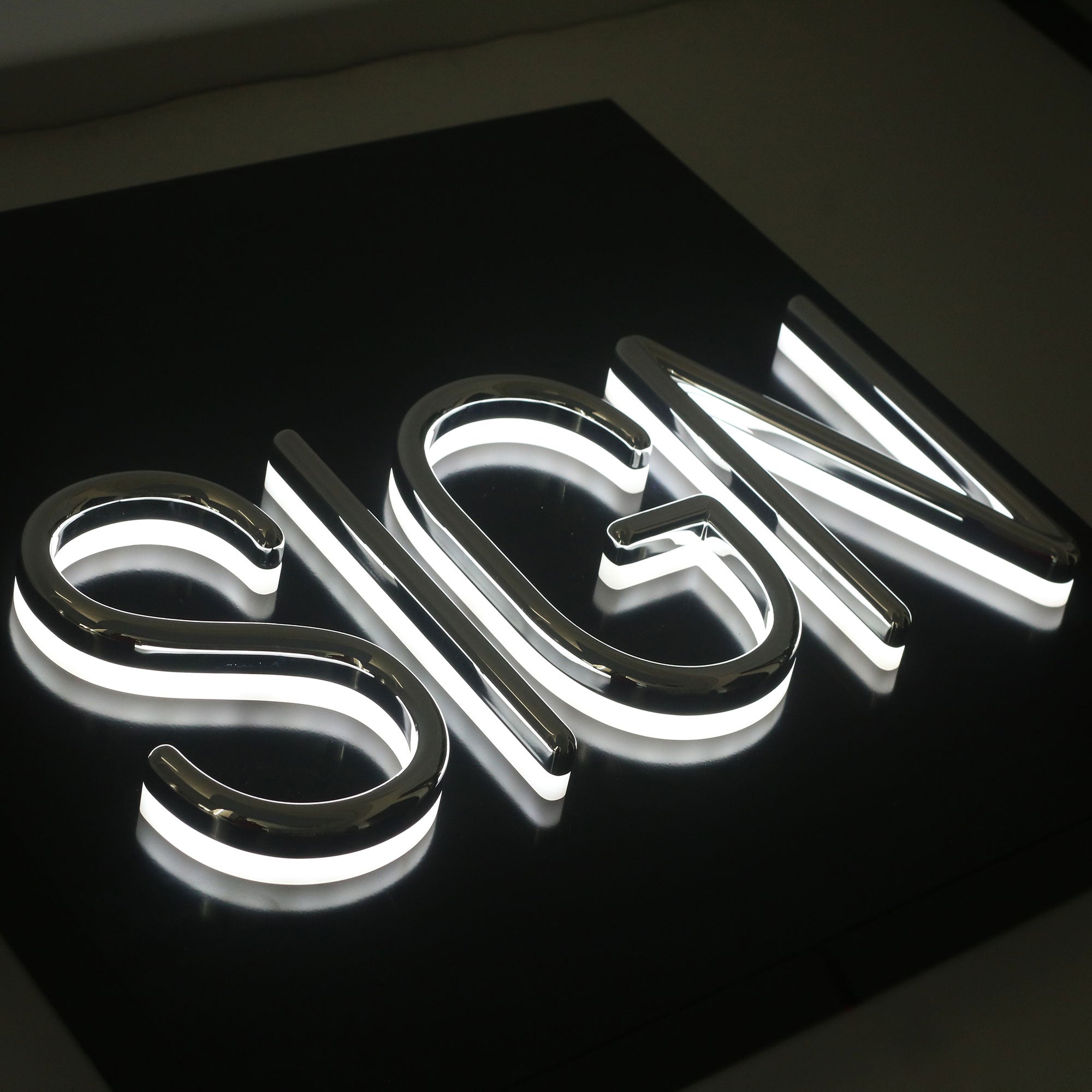 Business sign board logo office indoor outdoor backlit illuminated company wall signage silver coating led 3d letter sign