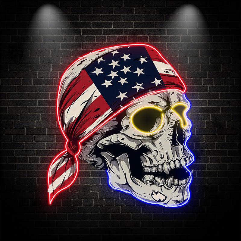 Side View Neon signs Light of a Skull Wearing an American Flag Bandana: A Spooky and Patriotic Decor!
