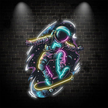 Interstellar Skateboarding neon signs: The Extreme Adventure of an Astronaut Traveling Through the Stars