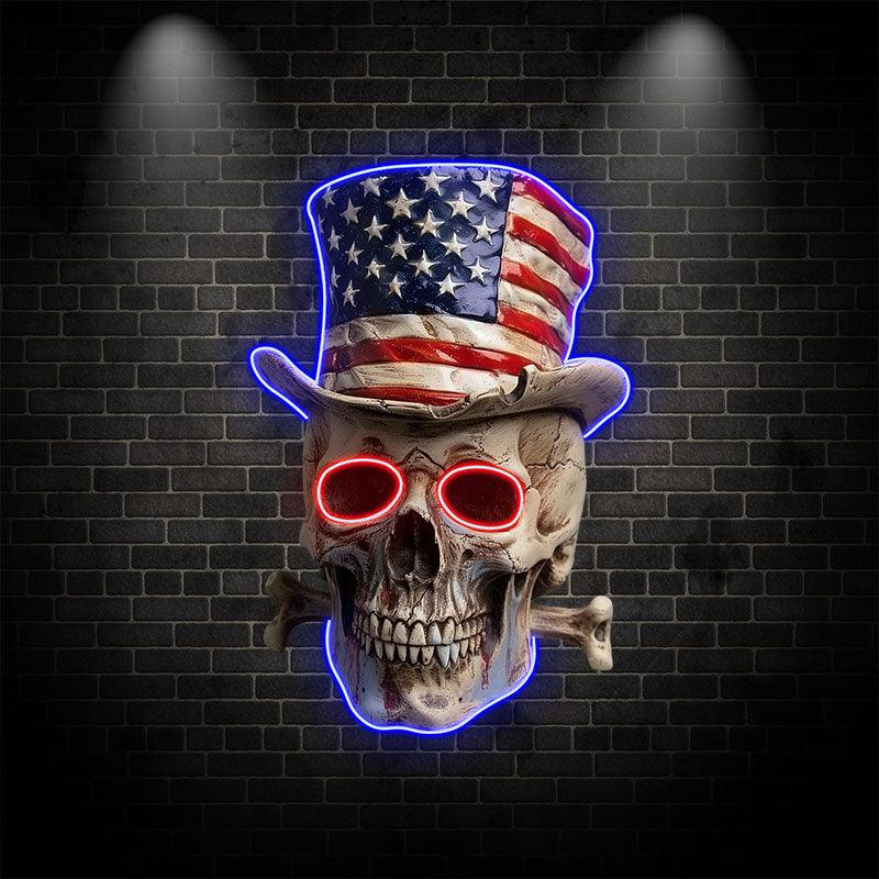 Patriotic Skull Wearing an American Flag Hat: neon signs A Bold and Unique Decoration!