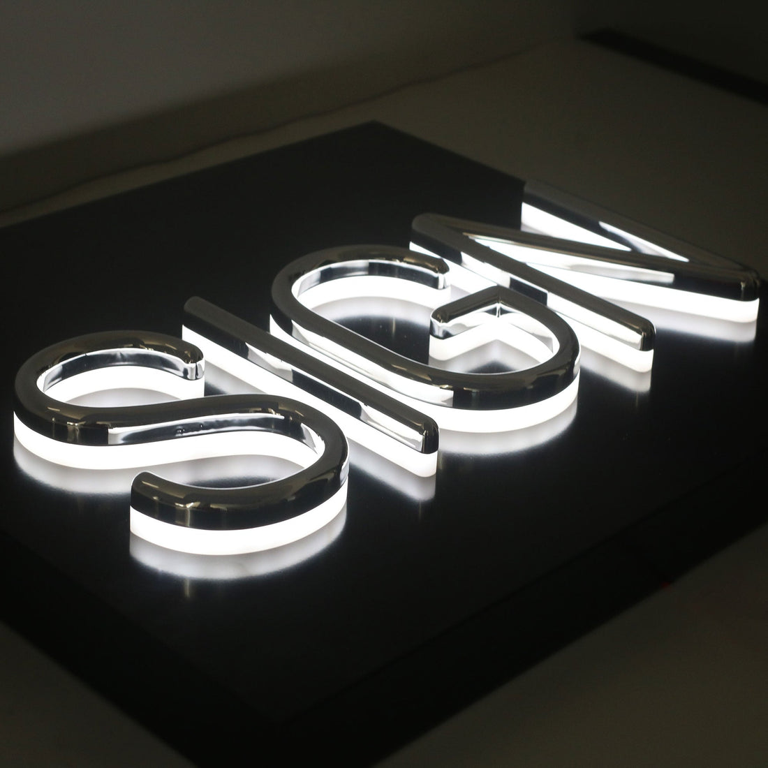Business sign board logo office indoor outdoor backlit illuminated company wall signage silver coating led 3d letter sign