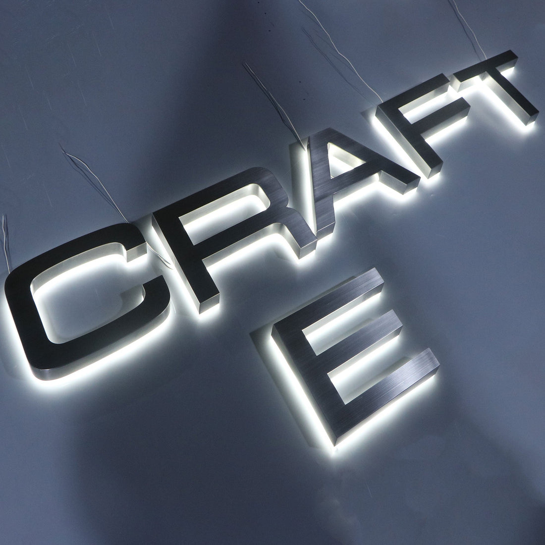 Custom led sign acrylic brushed silver channel letter 3d backlit signage logo reverse lit shopfront sign