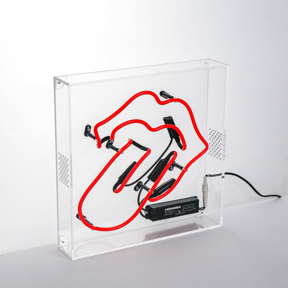 Red neon tongue,neon sign for bar,glass neon tube sign in box