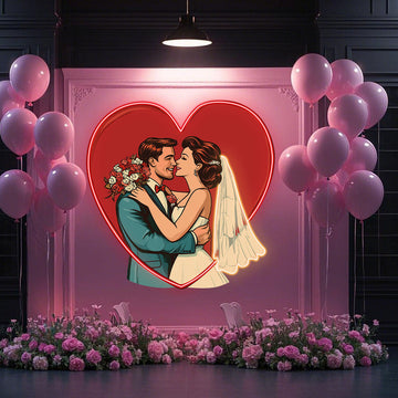 Customizable Romantic Neon Sign with UV Print of Couple in Green Suit Hugging, White Veil and Flowers in Heart Shape, for Sweet Atmosphere in Weddings and Daily Life