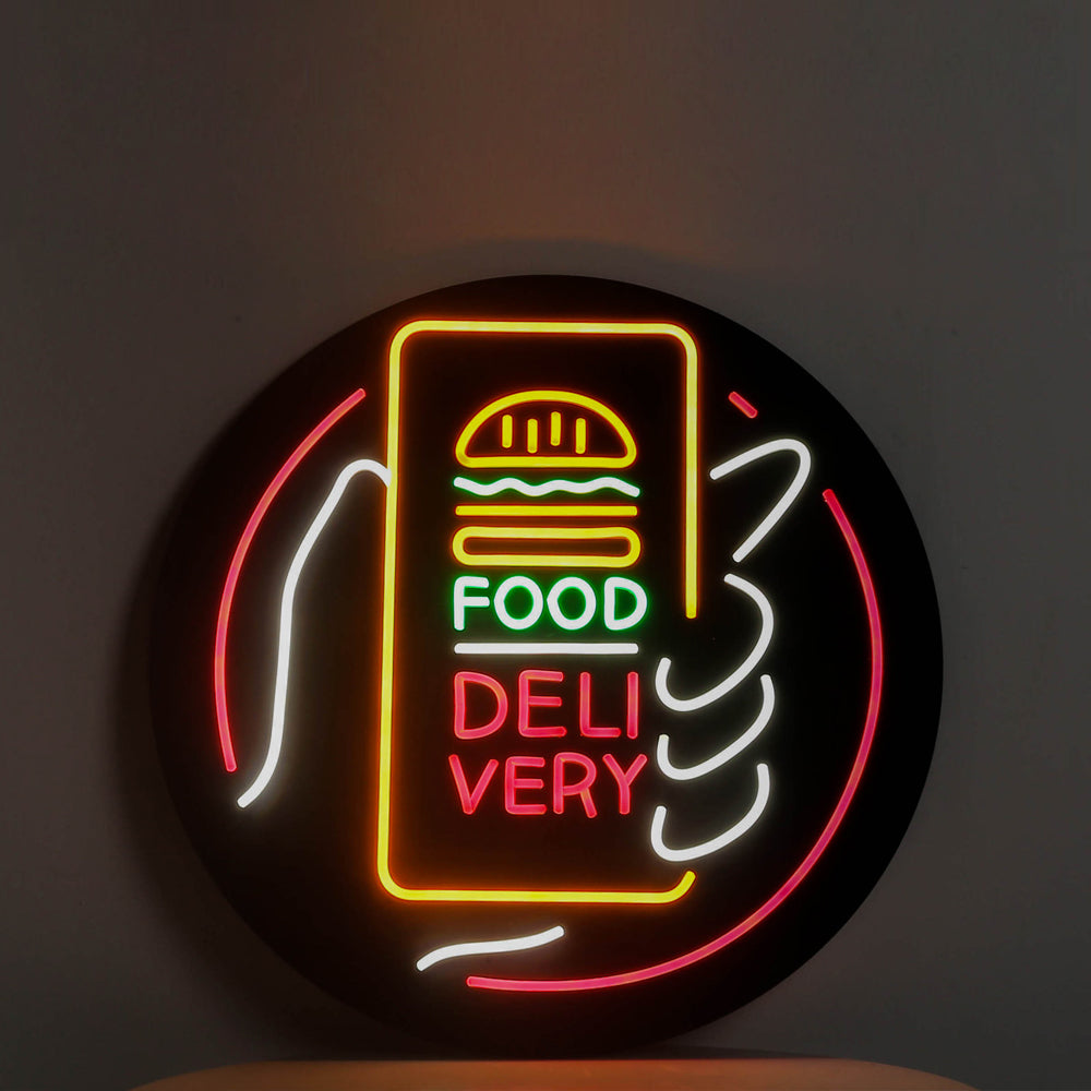 Round led neon board for food delivery