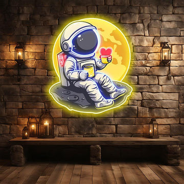 Love in Space: Astronaut Sipping Heart-Shaped Drink Neon Light - Charming LED Decor for Romantic Space Enthusiasts