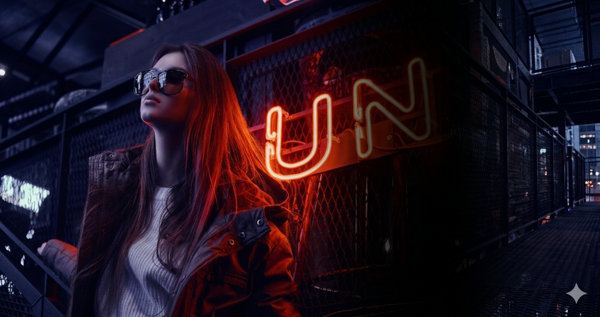 Custom neon signs glowing above a woman in sunglasses on a dark city street at night