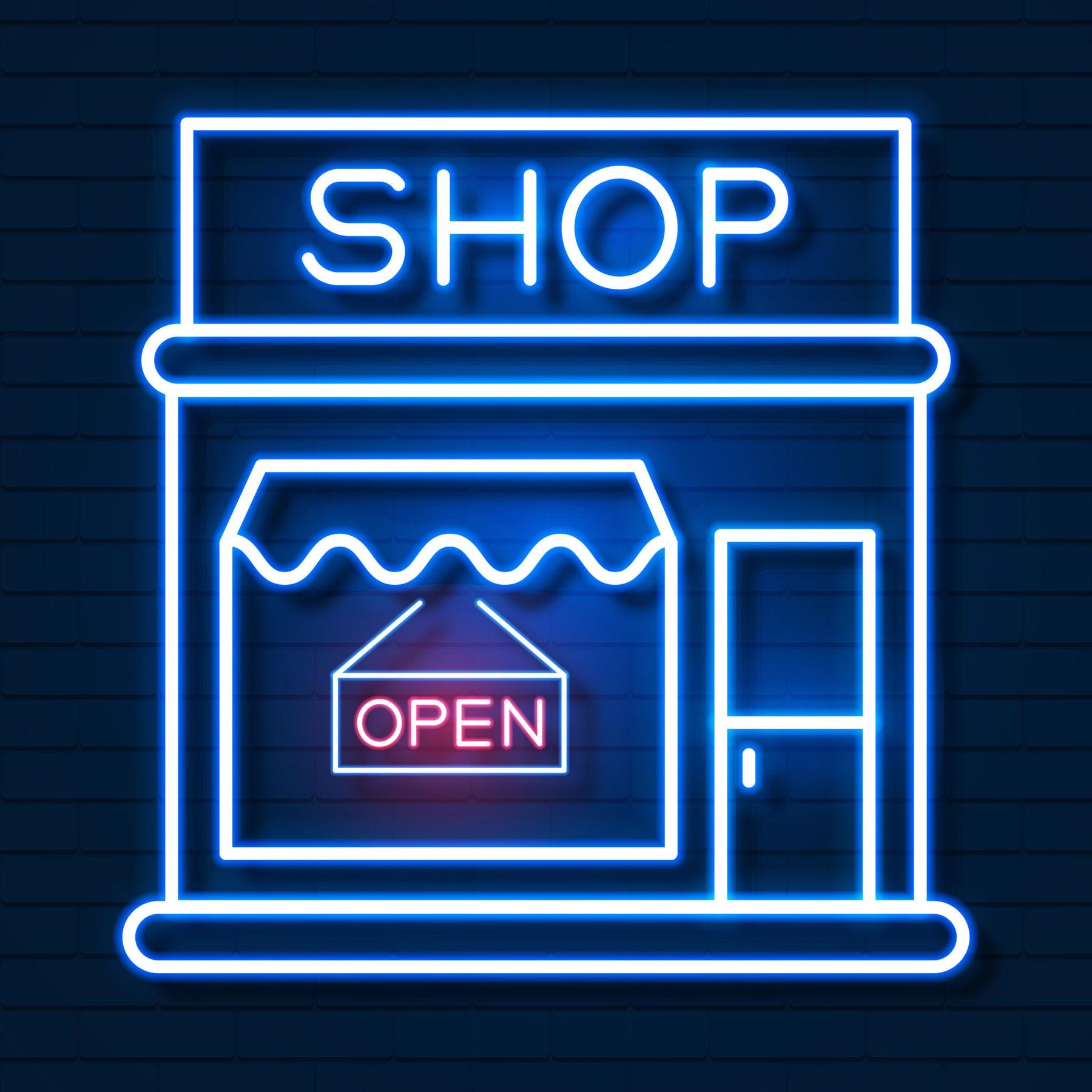 Blue and white LED neon sign letters spelling shop with open sign and storefront outline