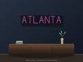 Atlanta City Name Neon Sign shown above a walnut console in a styled room mockup