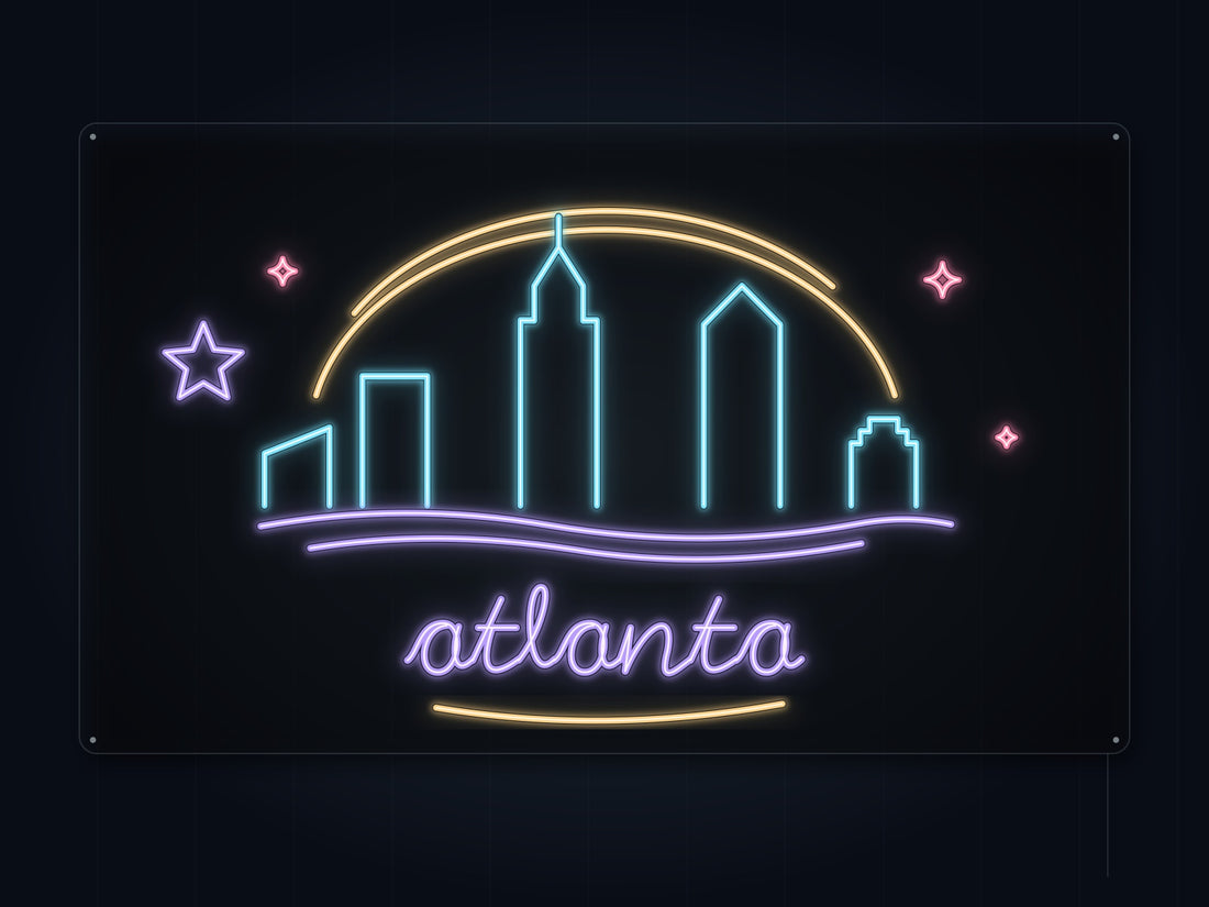 Atlanta Skyline Neon Sign with colorful landmark artwork and flowing city lettering - front digital render