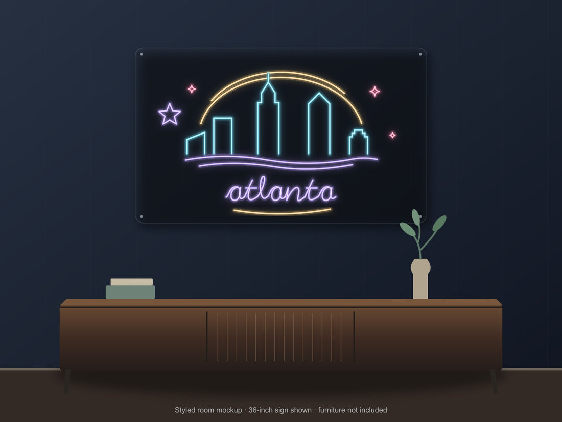 Atlanta Skyline Neon Sign with colorful landmark artwork and flowing city lettering - front digital render
