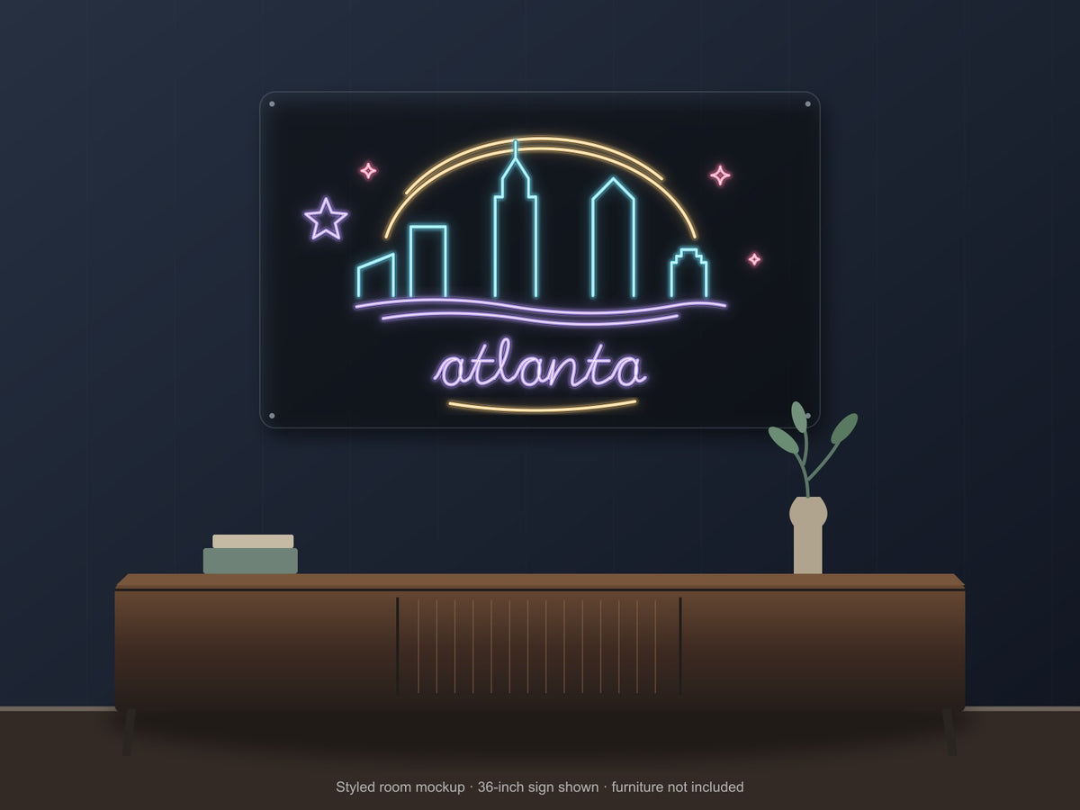 Atlanta Skyline Neon Sign shown above a walnut console in a styled room mockup