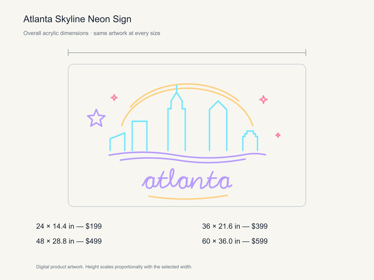 Atlanta Skyline Neon Sign size guide with overall dimensions for all four widths