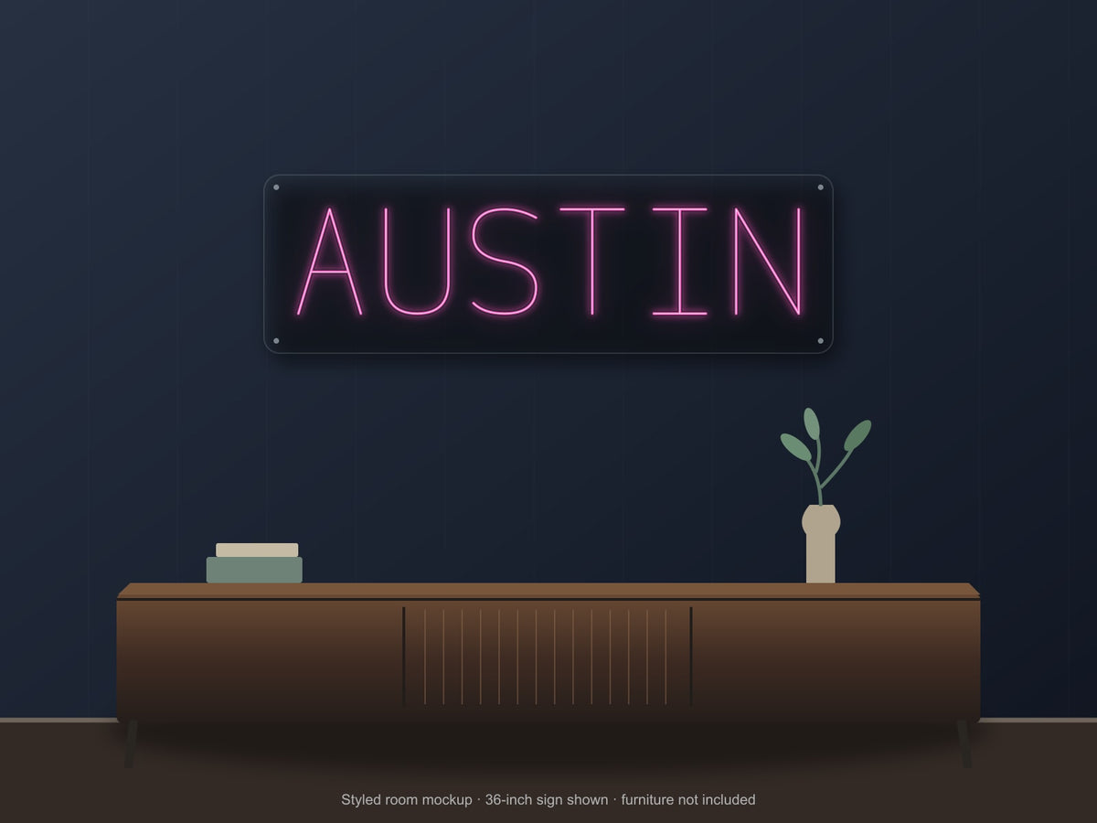 Austin City Name Neon Sign shown above a walnut console in a styled room mockup