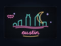 Austin Skyline Neon Sign with colorful landmark artwork and flowing city lettering - front digital render