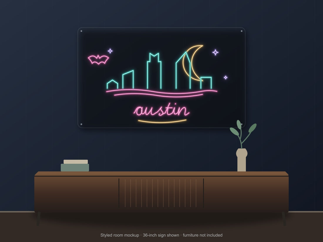 Austin Skyline Neon Sign with colorful landmark artwork and flowing city lettering - front digital render