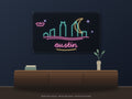 Austin Skyline Neon Sign shown above a walnut console in a styled room mockup