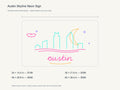 Austin Skyline Neon Sign size guide with overall dimensions for all four widths