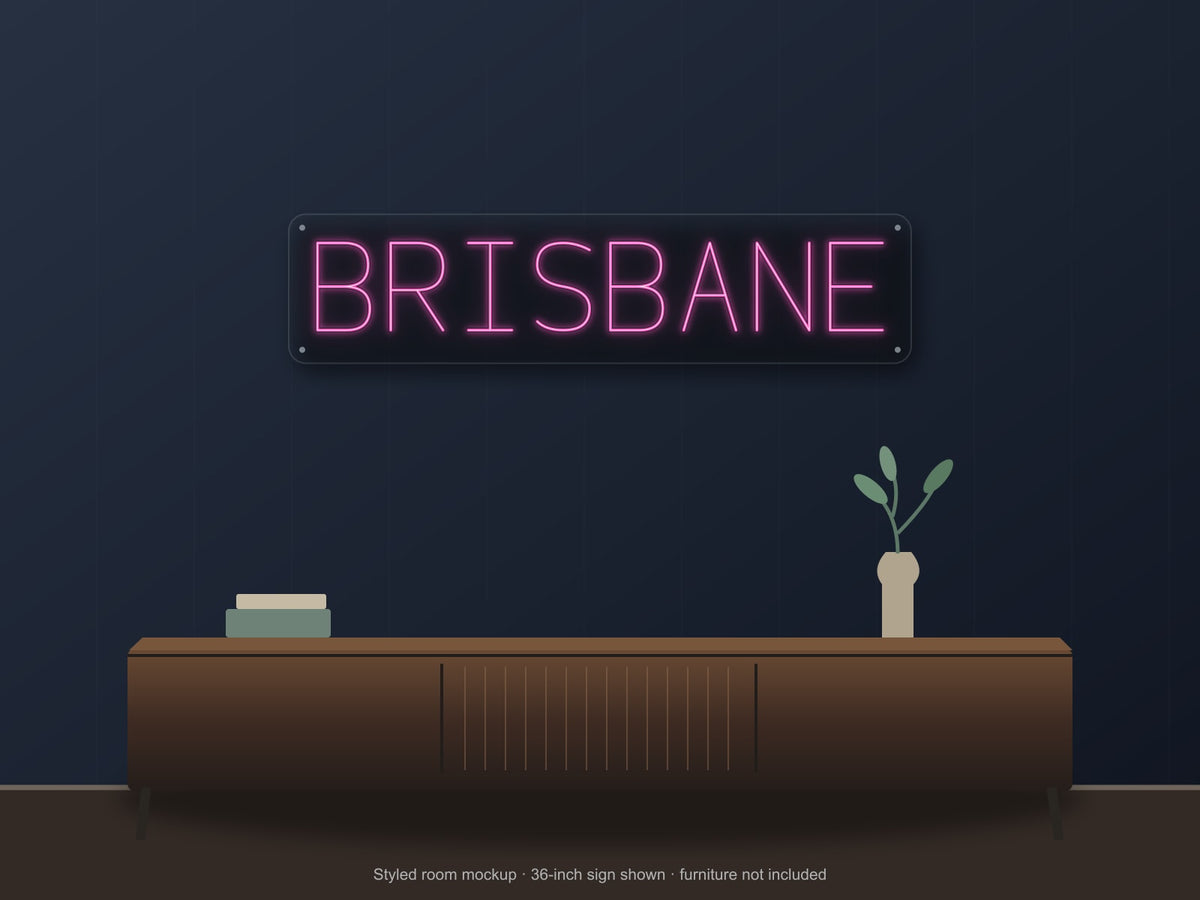 Brisbane City Name Neon Sign shown above a walnut console in a styled room mockup