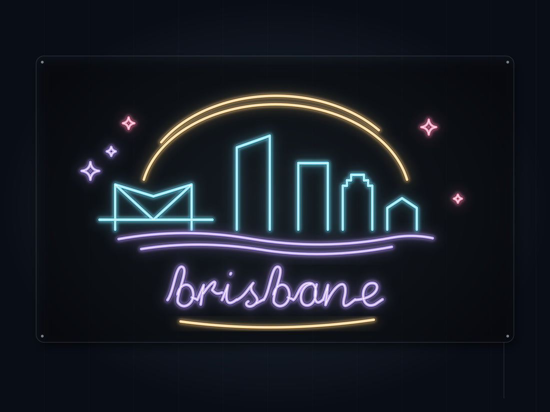 Brisbane Skyline Neon Sign with colorful landmark artwork and flowing city lettering - front digital render