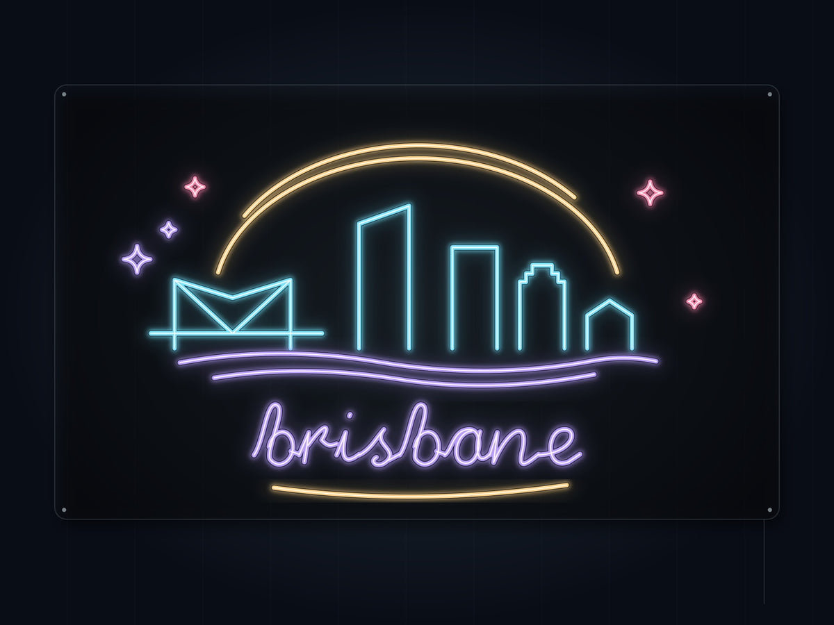 Brisbane Skyline Neon Sign with colorful landmark artwork and flowing city lettering - front digital render